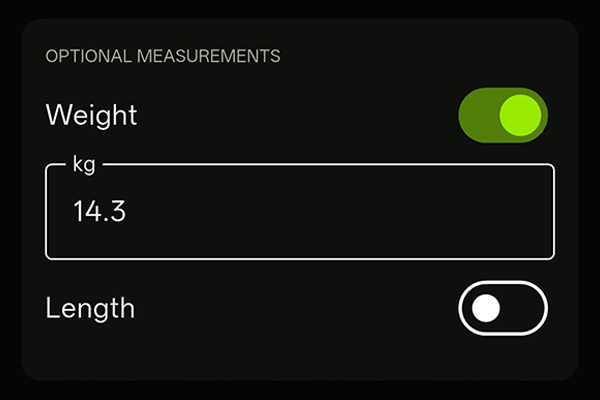 Angling Chronicles screen for entering catch weight and length