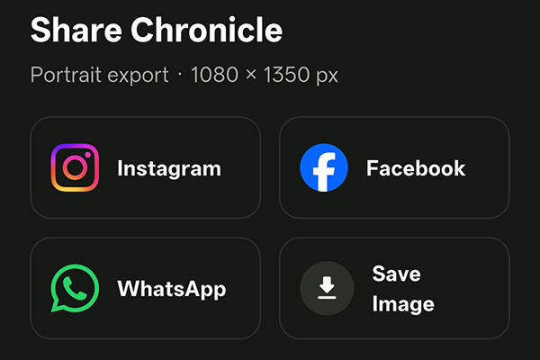 Angling Chronicles sharing options for Instagram, Facebook and WhatsApp