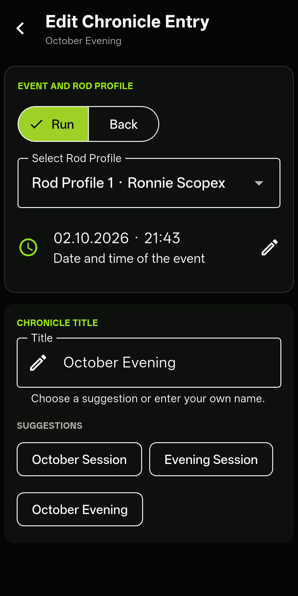 First part of an Angling Chronicles entry with event and rod-profile data