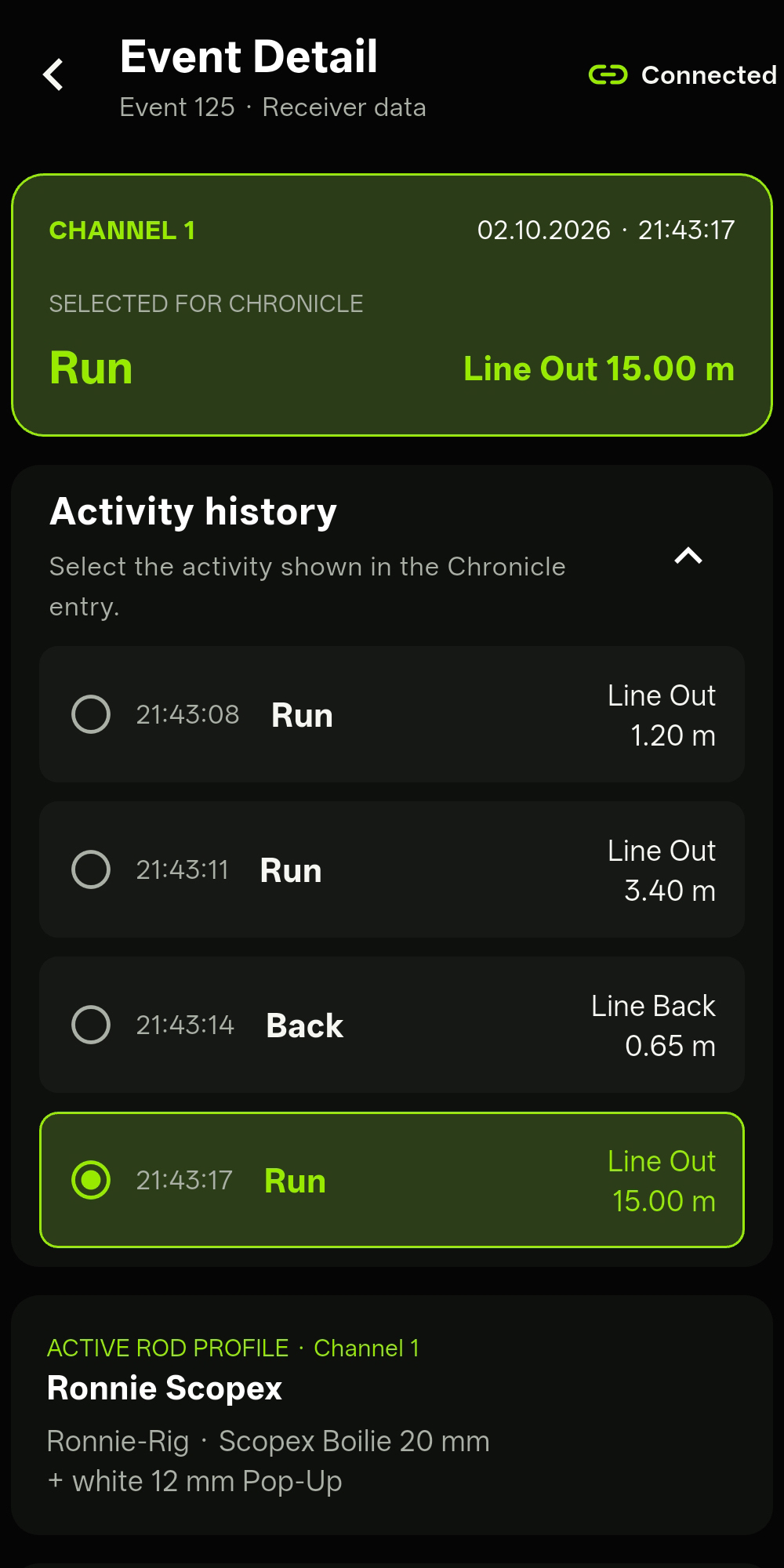 Selected receiver event in the Angling Chronicles event archive
